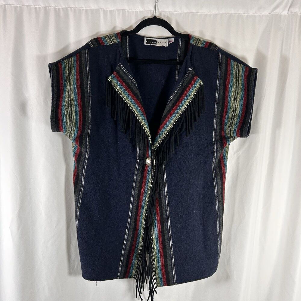 Rhonda Stark Poncho Blouse Women's M L Blue Striped Single Button Wool Blend